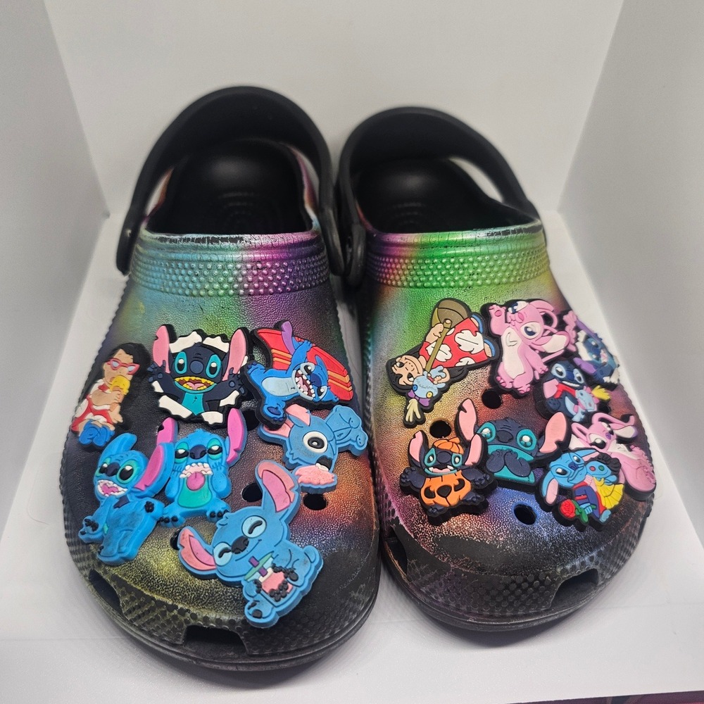 Kids‎ Crocs Tie Dye Rainbow Stitch Character Jibbitz Clogs Size J1